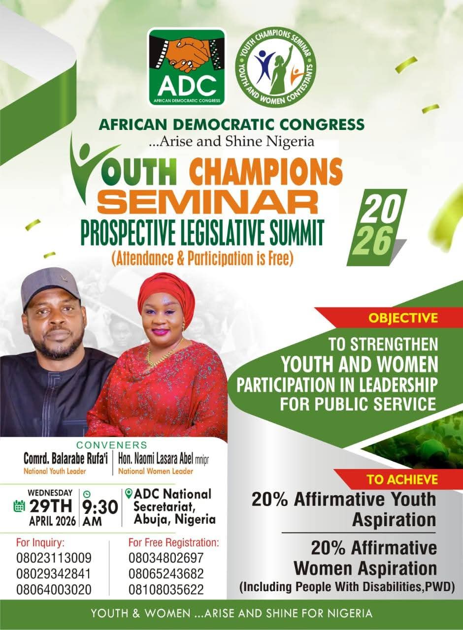 ADC National Youth Wing Announces Maiden Youth Champions & Prospective Legislative Summit in Abuja