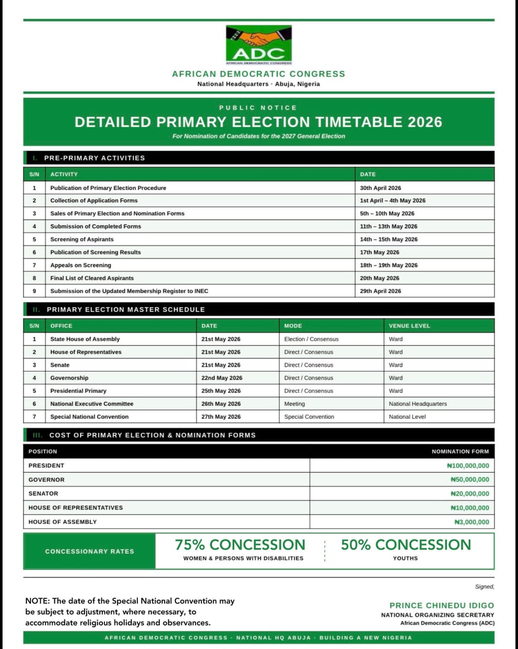ADC Unveils Timetable for 2026 Primary Elections, Affirms Commitment to Transparency and Inclusivity